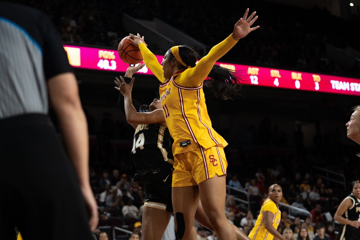 USC Trojans Guard Kennedy Smith (11) with a block on her opponent during a women's college basketball game against the Purdue Boilermakers, Sunday January 18th, 2026 at Galen Center in Los Angeles, Calif. USC Trojans Guard Kennedy Smith (11) with a block on her opponent during a women's college basketball game against the Purdue Boilermakers, Sunday January 18th, 2026 at Galen Center in Los Angeles, Calif.