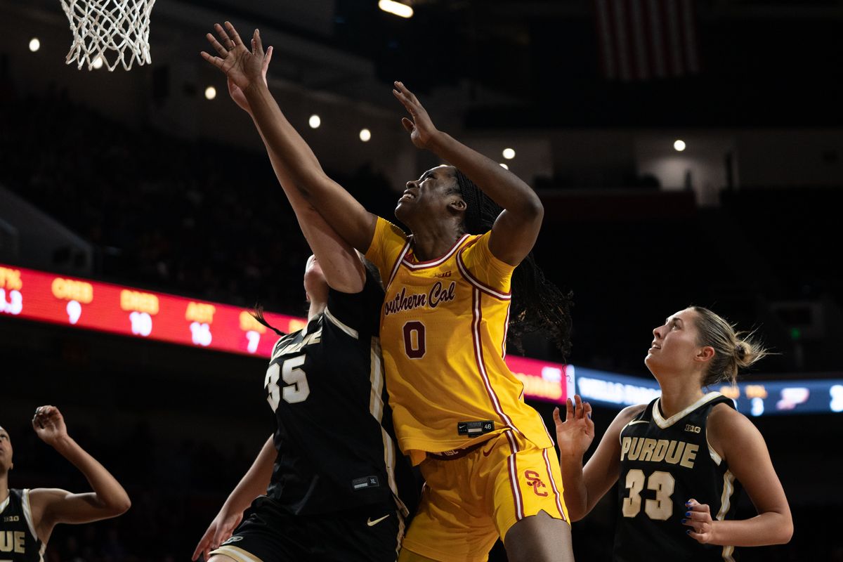 USC Trojans Forward Vivian Iwuchukwu (0) attempts a rebound off a miss shot during a women's college basketball game against the Purdue Boilermakers, Sunday January 18th, 2026 at Galen Center in Los Angeles, Calif. USC Trojans Forward Vivian Iwuchukwu (0) attempts a rebound off a miss shot during a women's college basketball game against the Purdue Boilermakers, Sunday January 18th, 2026 at Galen Center in Los Angeles, Calif.