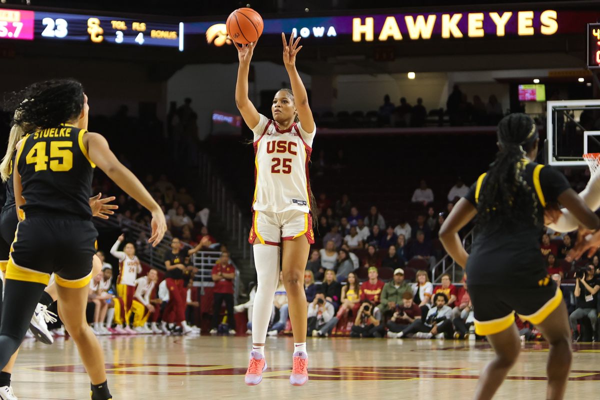USC guard Kara Dunn (25) shoots the basketball during an NCAA basketball game against the Iowa Hawkeyes on January 29, 2026 in Los Angeles, CA. USC guard Kara Dunn (25) shoots the basketball during an NCAA basketball game against the Iowa Hawkeyes on January 29, 2026 in Los Angeles, CA.