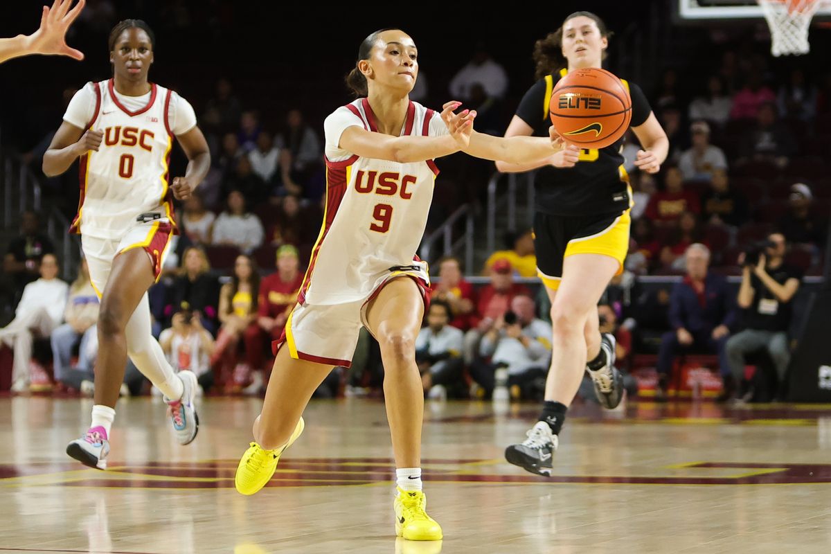 USC guard Jazzy Davidson (9) passes the basketball during an NCAA basketball game against the Iowa Hawkeyes on January 29, 2026 in Los Angeles, CA. USC guard Jazzy Davidson (9) passes the basketball during an NCAA basketball game against the Iowa Hawkeyes on January 29, 2026 in Los Angeles, CA.
