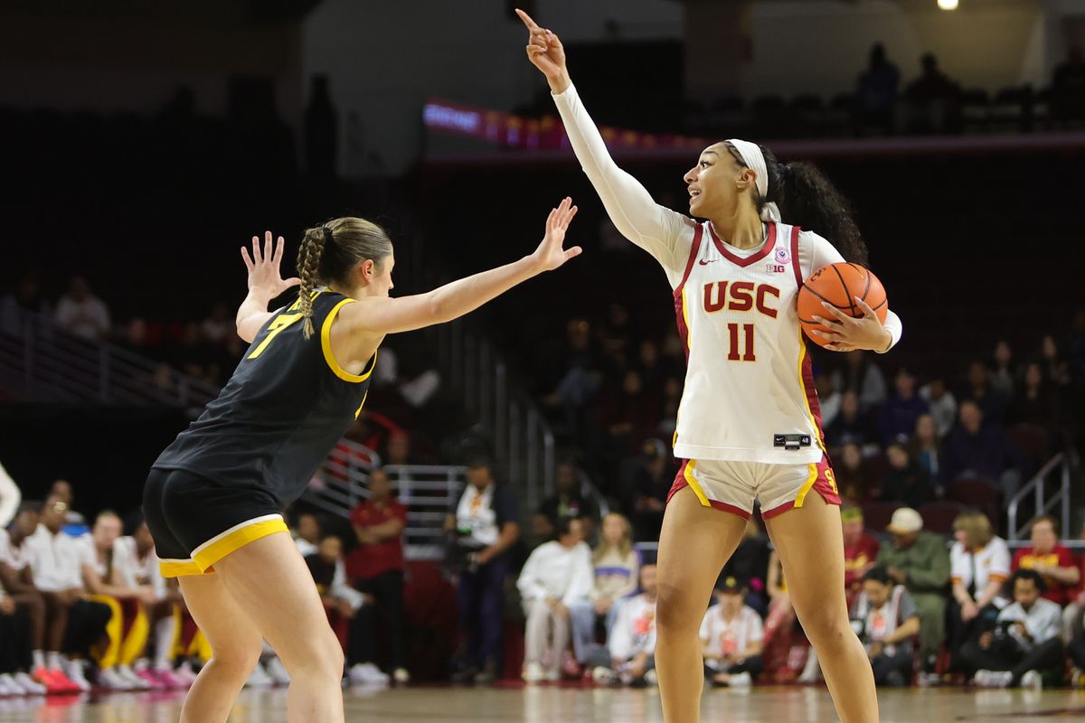 USC guard Kennedy Smith (11) directs teammates on the floor during an NCAA basketball game against the Iowa Hawkeyes on January 29, 2026 in Los Angeles, CA. USC guard Kennedy Smith (11) directs teammates on the floor during an NCAA basketball game against the Iowa Hawkeyes on January 29, 2026 in Los Angeles, CA.