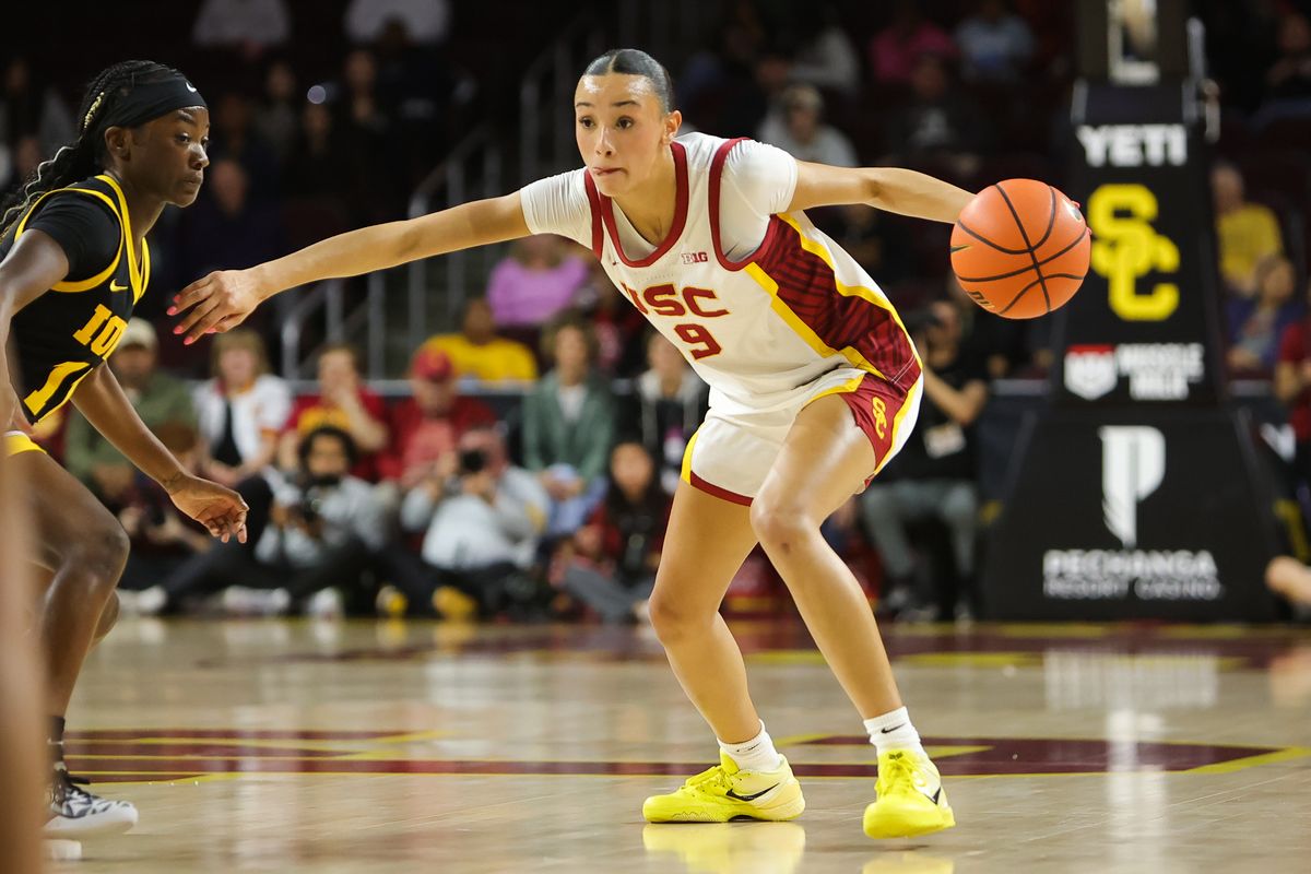 USC guard Jazzy Davidson (9) dribbles the basketball during an NCAA basketball game against the Iowa Hawkeyes on January 29, 2026 in Los Angeles, CA. USC guard Jazzy Davidson (9) dribbles the basketball during an NCAA basketball game against the Iowa Hawkeyes on January 29, 2026 in Los Angeles, CA.