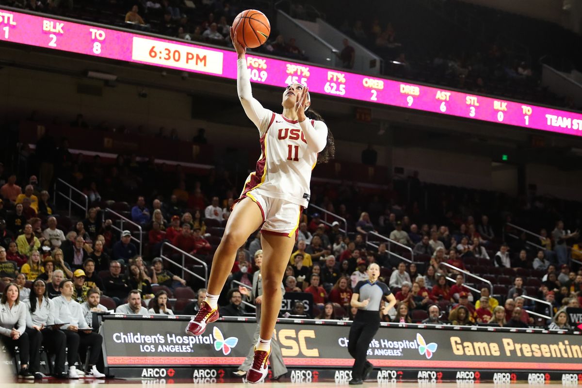 USC guard Kennedy Smith (11) attempts a lay up during an NCAA basketball game against the Iowa Hawkeyes on January 29, 2026 in Los Angeles, CA. USC guard Kennedy Smith (11) attempts a lay up during an NCAA basketball game against the Iowa Hawkeyes on January 29, 2026 in Los Angeles, CA.