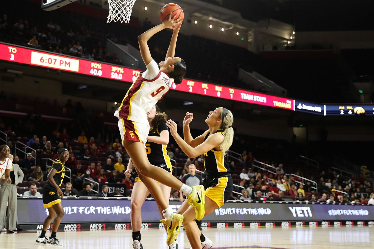 USC guard Jazzy Davidson (9) shoots the baksetball during an NCAA basketball game against the Iowa Hawkeyes on January 29, 2026 in Los Angeles, CA. USC guard Jazzy Davidson (9) shoots the baksetball during an NCAA basketball game against the Iowa Hawkeyes on January 29, 2026 in Los Angeles, CA.