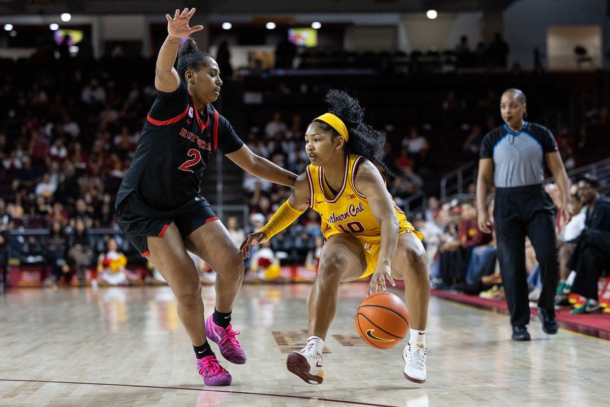 USC guard Malia Samuels (10) dribbles during a Big Ten college basketball game against the Rutgers Scarlet Knights, Sunday February 1, 2026 in Los Angeles. USC guard Malia Samuels (10) dribbles during a Big Ten college basketball game against the Rutgers Scarlet Knights, Sunday February 1, 2026 in Los Angeles.