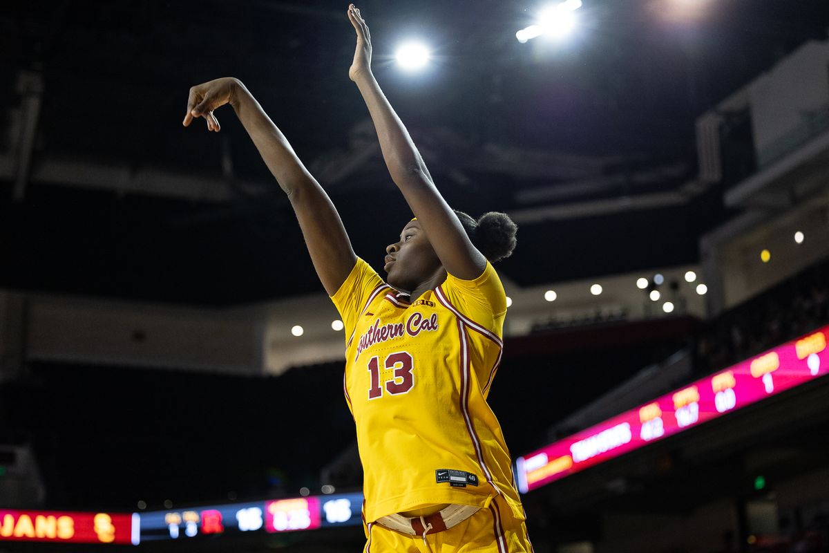 USC forward Dayana Mendes (13) shoots during a Big Ten college basketball game against the Rutgers Scarlet Knights, Sunday February 1, 2026 in Los Angeles. USC forward Dayana Mendes (13) shoots during a Big Ten college basketball game against the Rutgers Scarlet Knights, Sunday February 1, 2026 in Los Angeles.