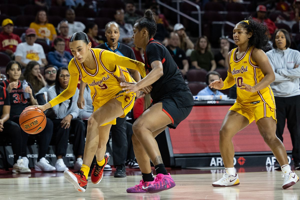 USC guard Jazzy Davidson (9) dribbles during a Big Ten college basketball game against the Rutgers Scarlet Knights, Sunday February 1, 2026 in Los Angeles. USC guard Jazzy Davidson (9) dribbles during a Big Ten college basketball game against the Rutgers Scarlet Knights, Sunday February 1, 2026 in Los Angeles.