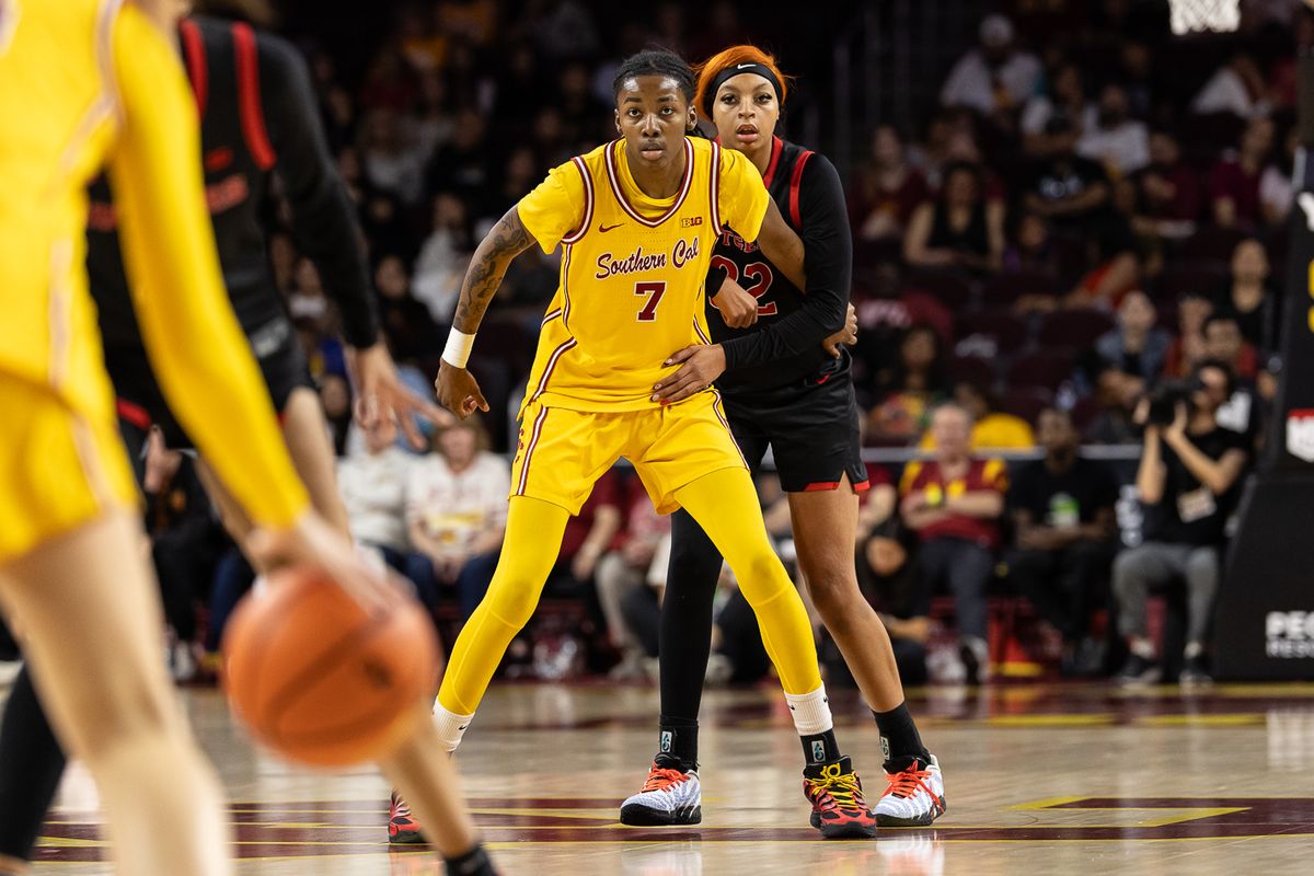 USC forward Yakiya Milton (7) posts up during a Big Ten college basketball game against the Rutgers Scarlet Knights, Sunday February 1, 2026 in Los Angeles. USC forward Yakiya Milton (7) posts up during a Big Ten college basketball game against the Rutgers Scarlet Knights, Sunday February 1, 2026 in Los Angeles.