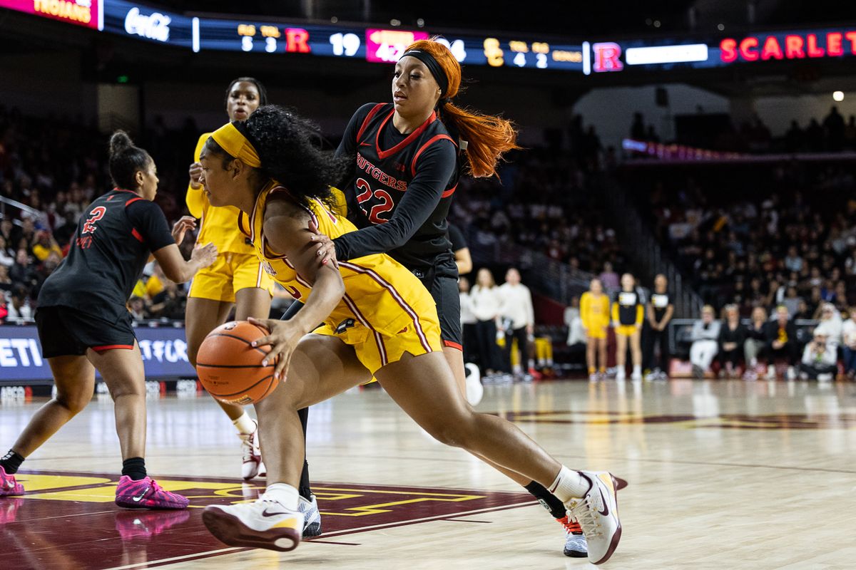 USC guard Malia Samuels (10) dribbles past defense during a Big Ten college basketball game against the Rutgers Scarlet Knights, Sunday February 1, 2026 in Los Angeles. USC guard Malia Samuels (10) dribbles past defense during a Big Ten college basketball game against the Rutgers Scarlet Knights, Sunday February 1, 2026 in Los Angeles.
