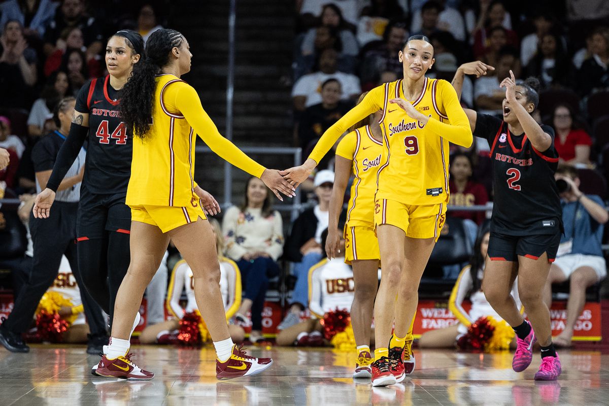 USC guard Jazzy Davidson (9) celebrates during a Big Ten college basketball game against the Rutgers Scarlet Knights, Sunday February 1, 2026 in Los Angeles. USC guard Jazzy Davidson (9) celebrates during a Big Ten college basketball game against the Rutgers Scarlet Knights, Sunday February 1, 2026 in Los Angeles.