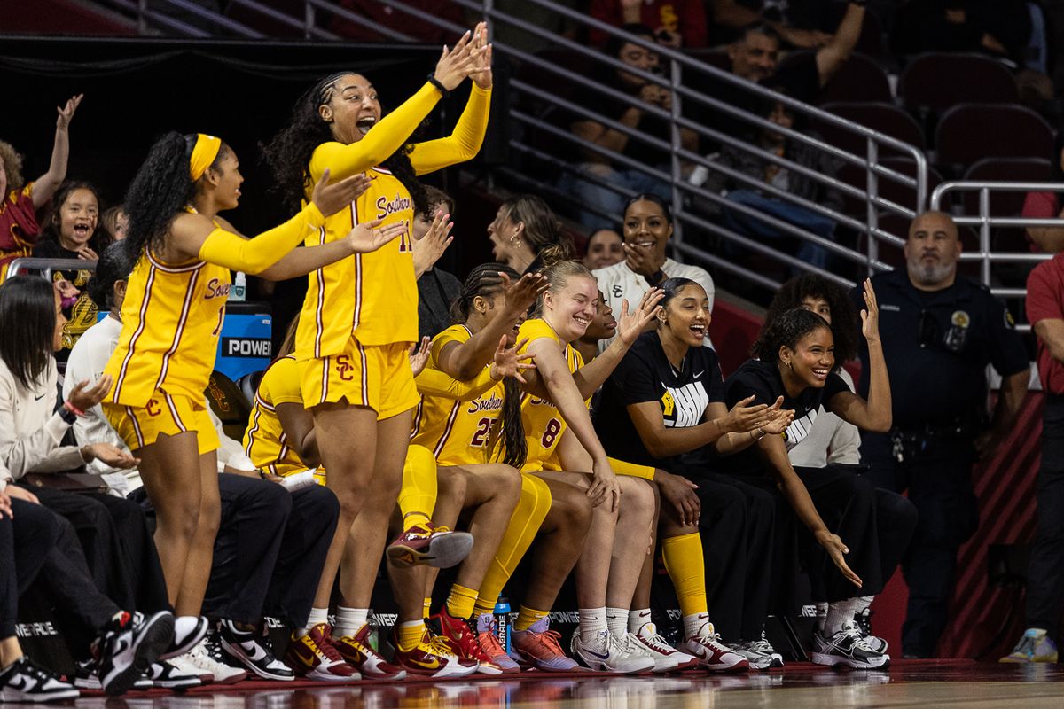 USC players celebrate the score during a Big Ten college basketball game against the Rutgers Scarlet Knights, Sunday February 1, 2026 in Los Angeles. USC players celebrate the score during a Big Ten college basketball game against the Rutgers Scarlet Knights, Sunday February 1, 2026 in Los Angeles.