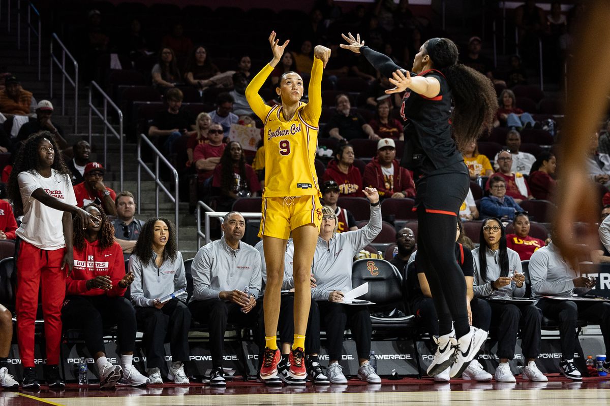 USC guard Jazzy Davidson (9) shoots during a Big Ten college basketball game against the Rutgers Scarlet Knights, Sunday February 1, 2026 in Los Angeles. USC guard Jazzy Davidson (9) shoots during a Big Ten college basketball game against the Rutgers Scarlet Knights, Sunday February 1, 2026 in Los Angeles.