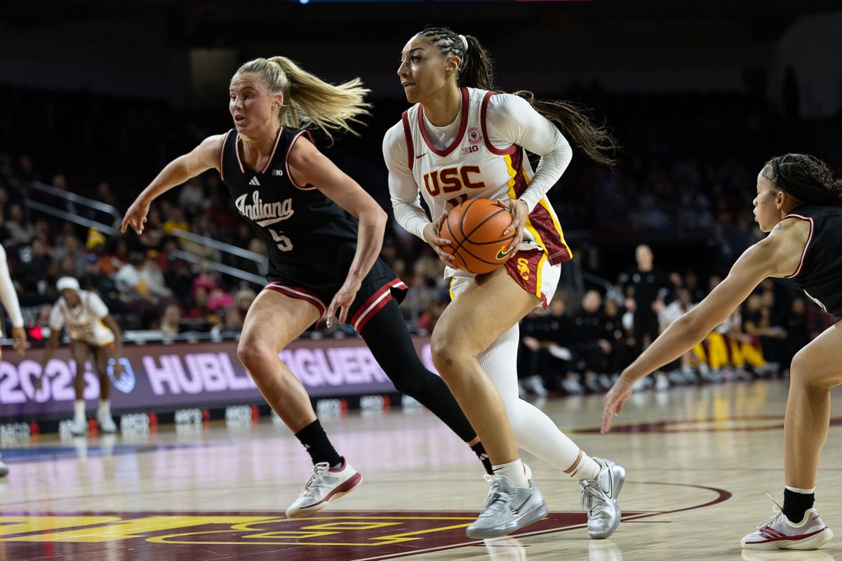 USC guard Kennedy Smith (11) dribbles during a Big Ten college basketball game against the Hoosiers, Thursday February 12, 2026 in Los Angeles. USC guard Kennedy Smith (11) dribbles during a Big Ten college basketball game against the Hoosiers, Thursday February 12, 2026 in Los Angeles.