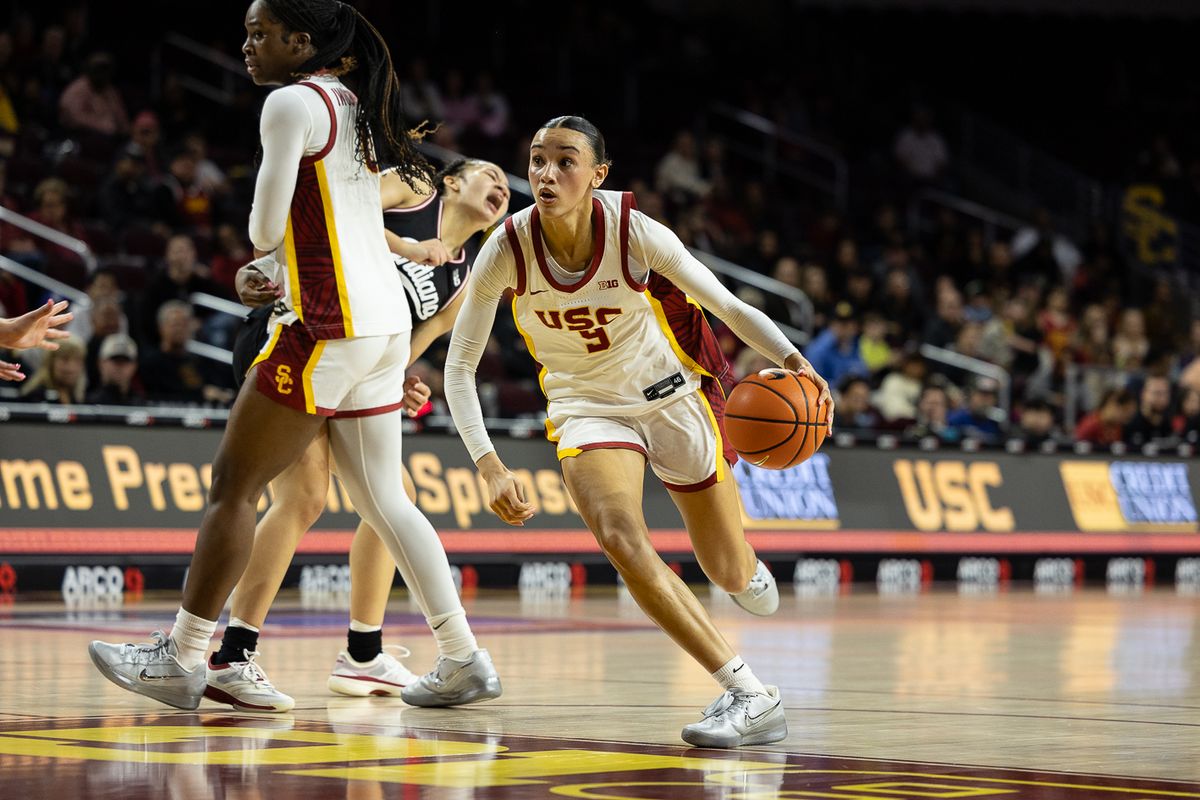 USC guard Jazzy Davidson (9) dribbles during a Big Ten college basketball game against the Hoosiers, Thursday February 12, 2026 in Los Angeles. USC guard Jazzy Davidson (9) dribbles during a Big Ten college basketball game against the Hoosiers, Thursday February 12, 2026 in Los Angeles.
