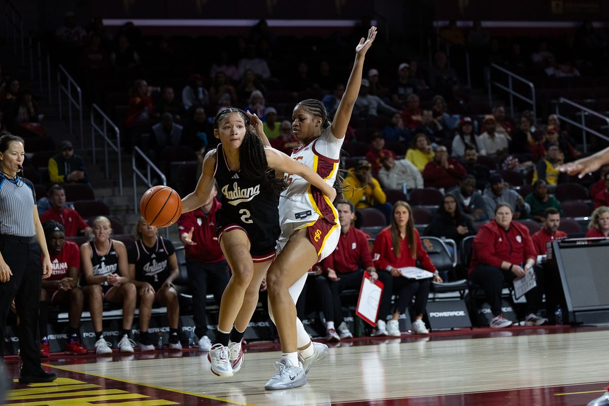 USC guard Kara Dunn (25) defends during a Big Ten college basketball game against the Hoosiers, Thursday February 12, 2026 in Los Angeles. USC guard Kara Dunn (25) defends during a Big Ten college basketball game against the Hoosiers, Thursday February 12, 2026 in Los Angeles.