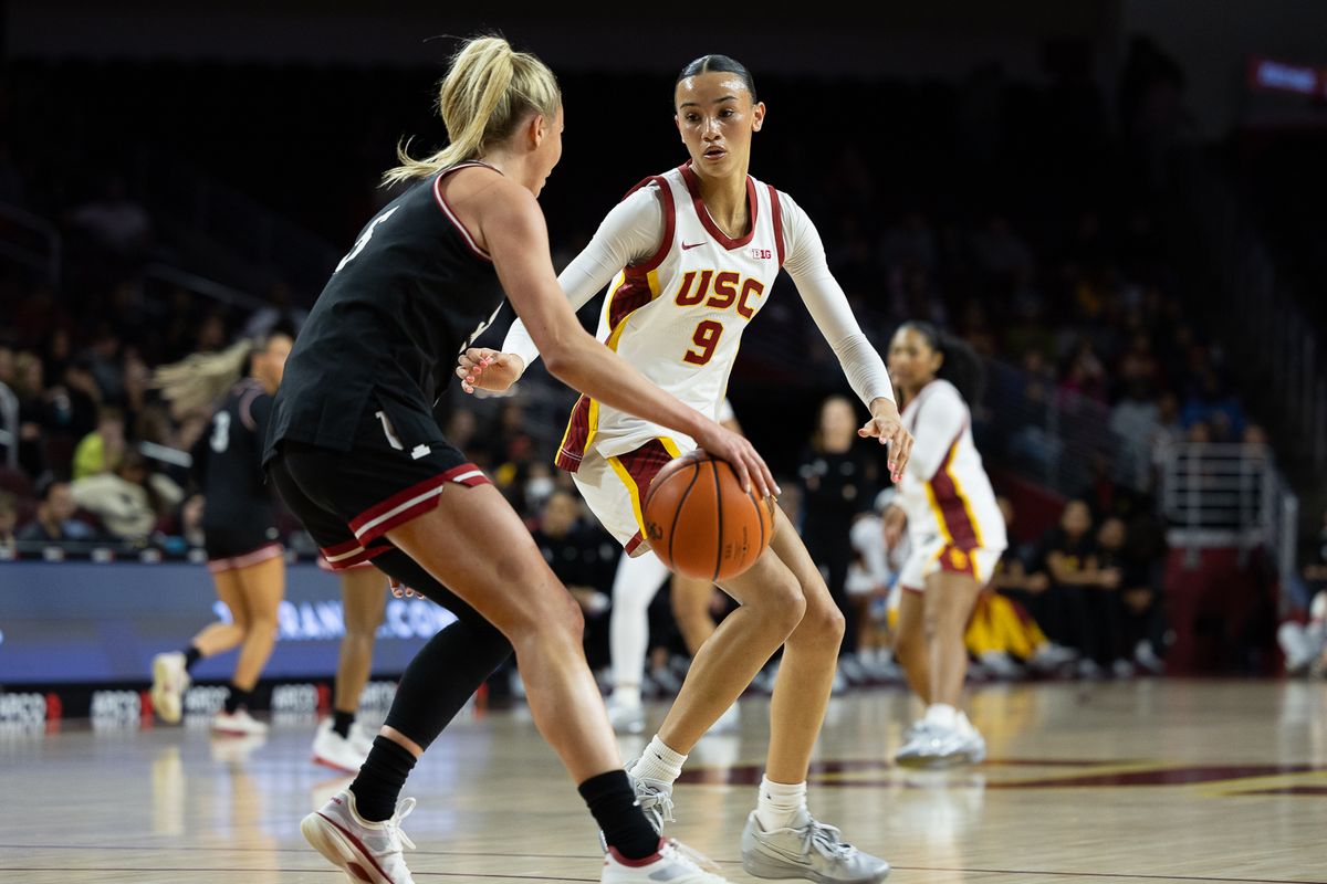USC guard Jazzy Davidson (9) defends during a Big Ten college basketball game against the Hoosiers, Thursday February 12, 2026 in Los Angeles. USC guard Jazzy Davidson (9) defends during a Big Ten college basketball game against the Hoosiers, Thursday February 12, 2026 in Los Angeles.