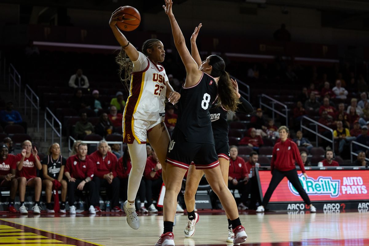 USC guard Kara Dunn (25) passes the ball during a Big Ten college basketball game against the Hoosiers, Thursday February 12, 2026 in Los Angeles. USC guard Kara Dunn (25) passes the ball during a Big Ten college basketball game against the Hoosiers, Thursday February 12, 2026 in Los Angeles.