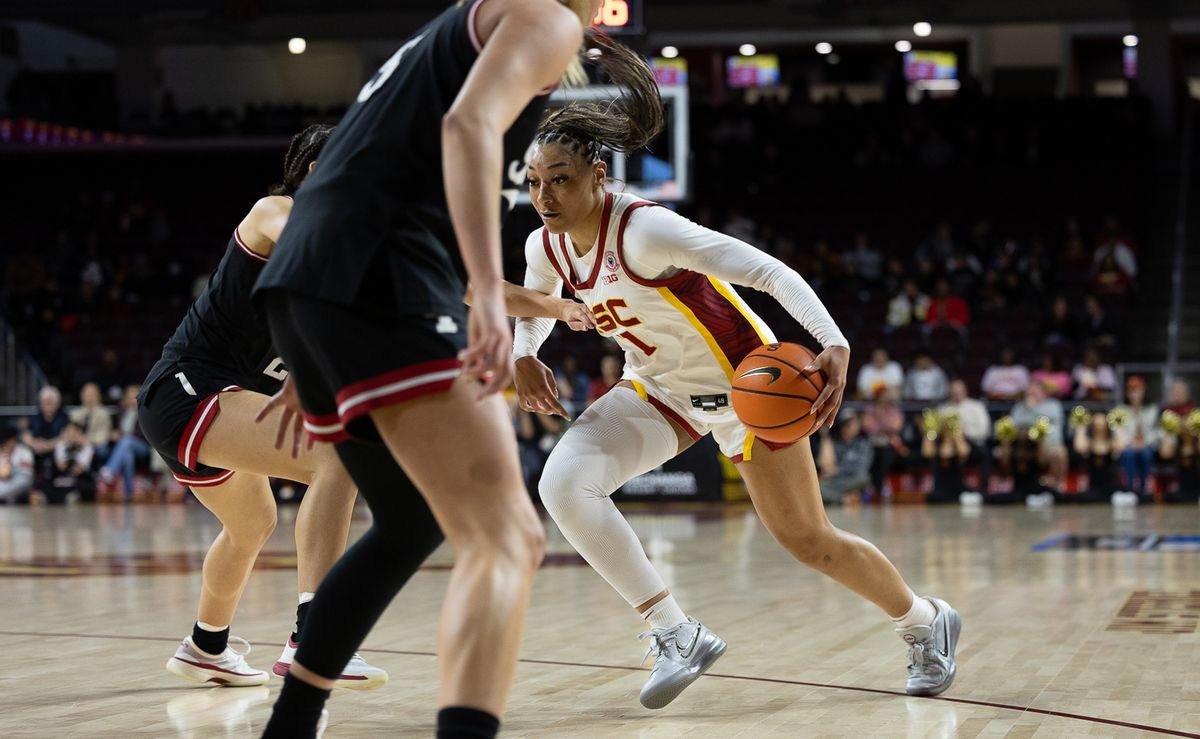 USC guard Kennedy Smith (11) dribbles during a Big Ten college basketball game against the Hoosiers, Thursday February 12, 2026 in Los Angeles. USC guard Kennedy Smith (11) dribbles during a Big Ten college basketball game against the Hoosiers, Thursday February 12, 2026 in Los Angeles.