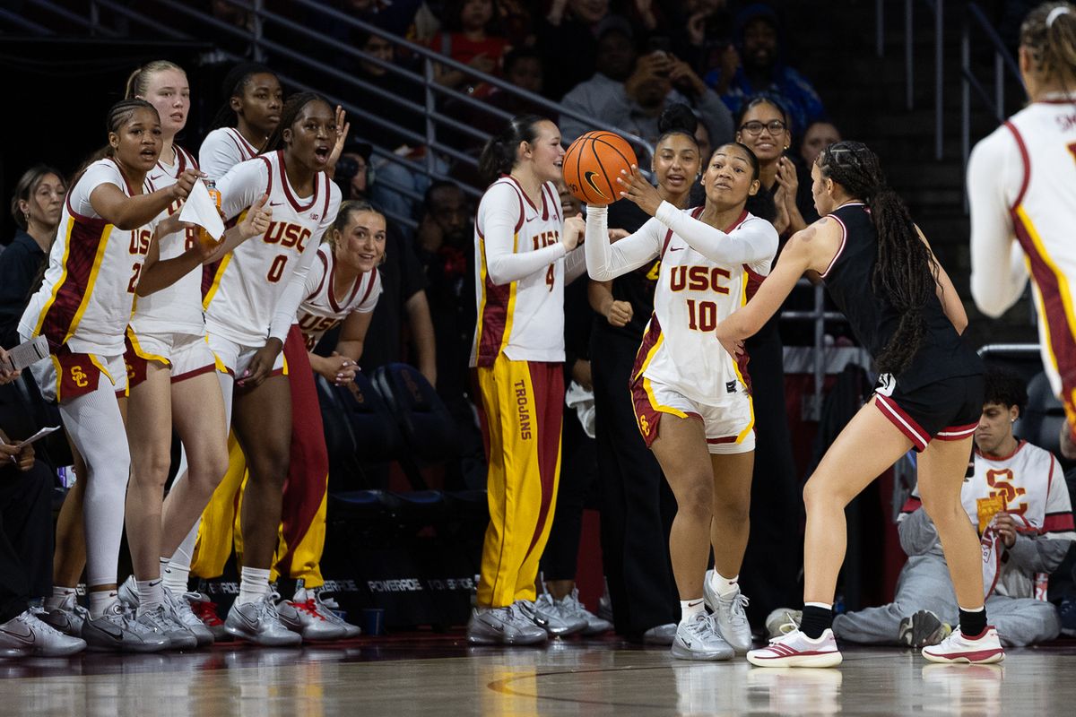 USC guard Malia Samuels (10) passes the ball during a Big Ten college basketball game against the Hoosiers, Thursday February 12, 2026 in Los Angeles. USC guard Malia Samuels (10) passes the ball during a Big Ten college basketball game against the Hoosiers, Thursday February 12, 2026 in Los Angeles.
