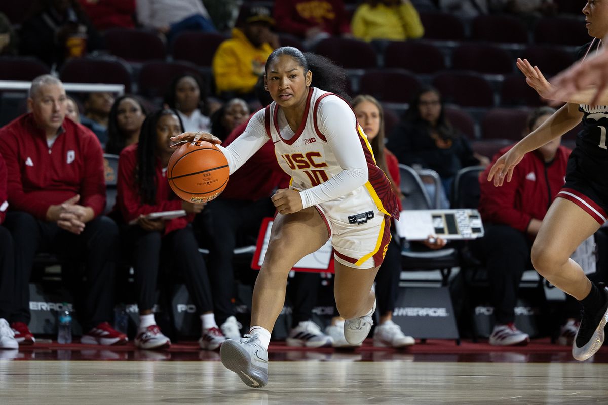 USC guard Malia Samuels (10) dribbles by defense during a Big Ten college basketball game against the Hoosiers, Thursday February 12, 2026 in Los Angeles. USC guard Malia Samuels (10) dribbles by defense during a Big Ten college basketball game against the Hoosiers, Thursday February 12, 2026 in Los Angeles.
