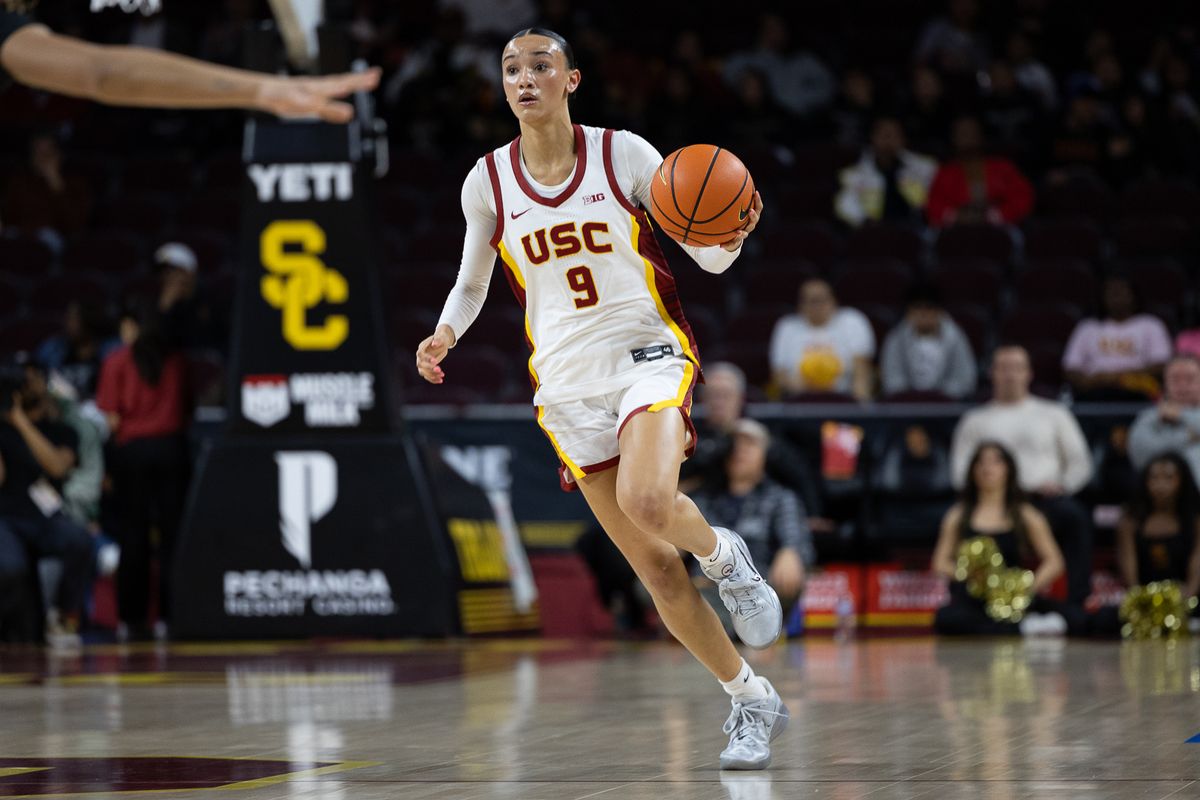 USC guard Jazzy Davidson (9) dribbles up the court during a Big Ten college basketball game against the Hoosiers, Thursday February 12, 2026 in Los Angeles. USC guard Jazzy Davidson (9) dribbles up the court during a Big Ten college basketball game against the Hoosiers, Thursday February 12, 2026 in Los Angeles.