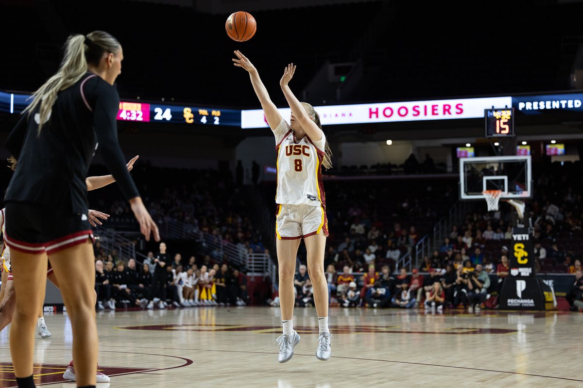 USC forward Gerda Raulusaityte (8) shoots during a Big Ten college basketball game against the Hoosiers, Thursday February 12, 2026 in Los Angeles. USC forward Gerda Raulusaityte (8) shoots during a Big Ten college basketball game against the Hoosiers, Thursday February 12, 2026 in Los Angeles.