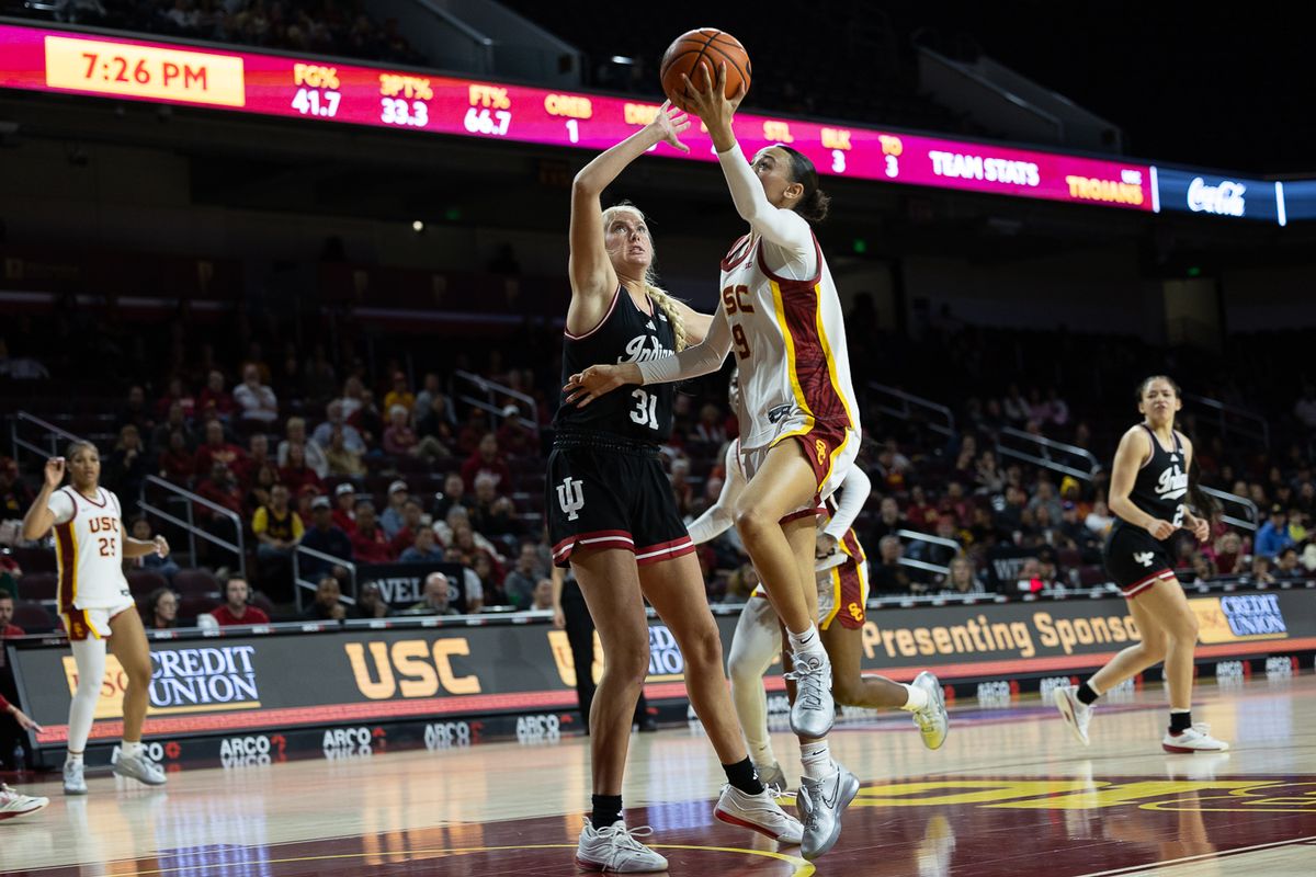 USC guard Jazzy Davidson (9) shoots during a Big Ten college basketball game against the Hoosiers, Thursday February 12, 2026 in Los Angeles. USC guard Jazzy Davidson (9) shoots during a Big Ten college basketball game against the Hoosiers, Thursday February 12, 2026 in Los Angeles.