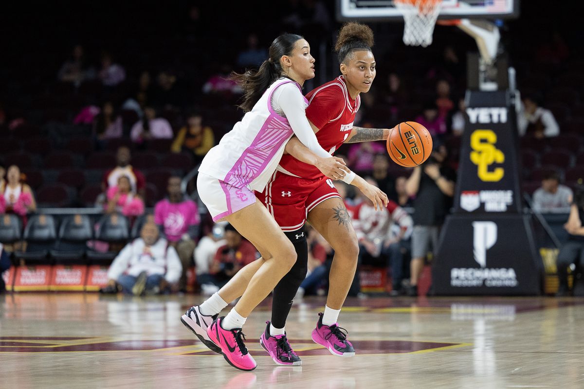 USC guard Jazzy Davidson (9) defends during a Big Ten college basketball game against Wisconsin Badgers, Thursday February 19, 2026  in Los Angeles.