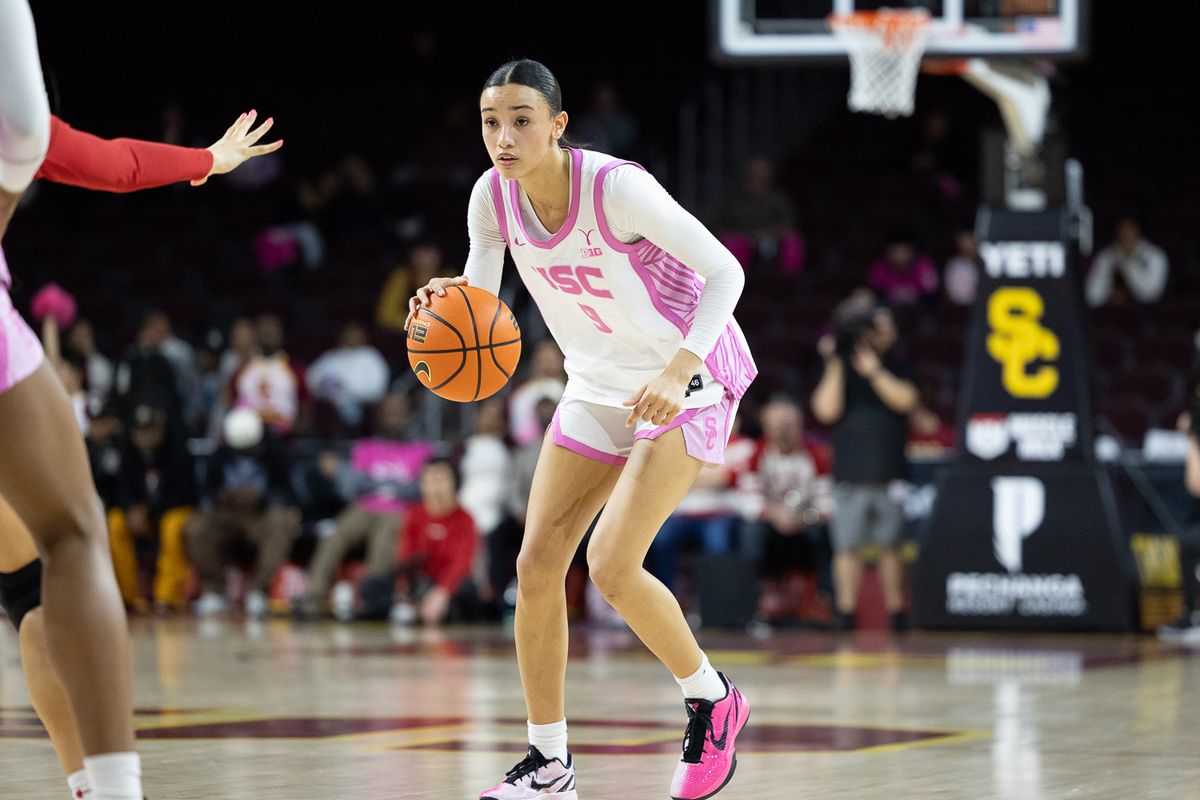 USC guard Jazzy Davidson (9) dribbles during a Big Ten college basketball game against Wisconsin Badgers, Thursday February 19, 2026  in Los Angeles.