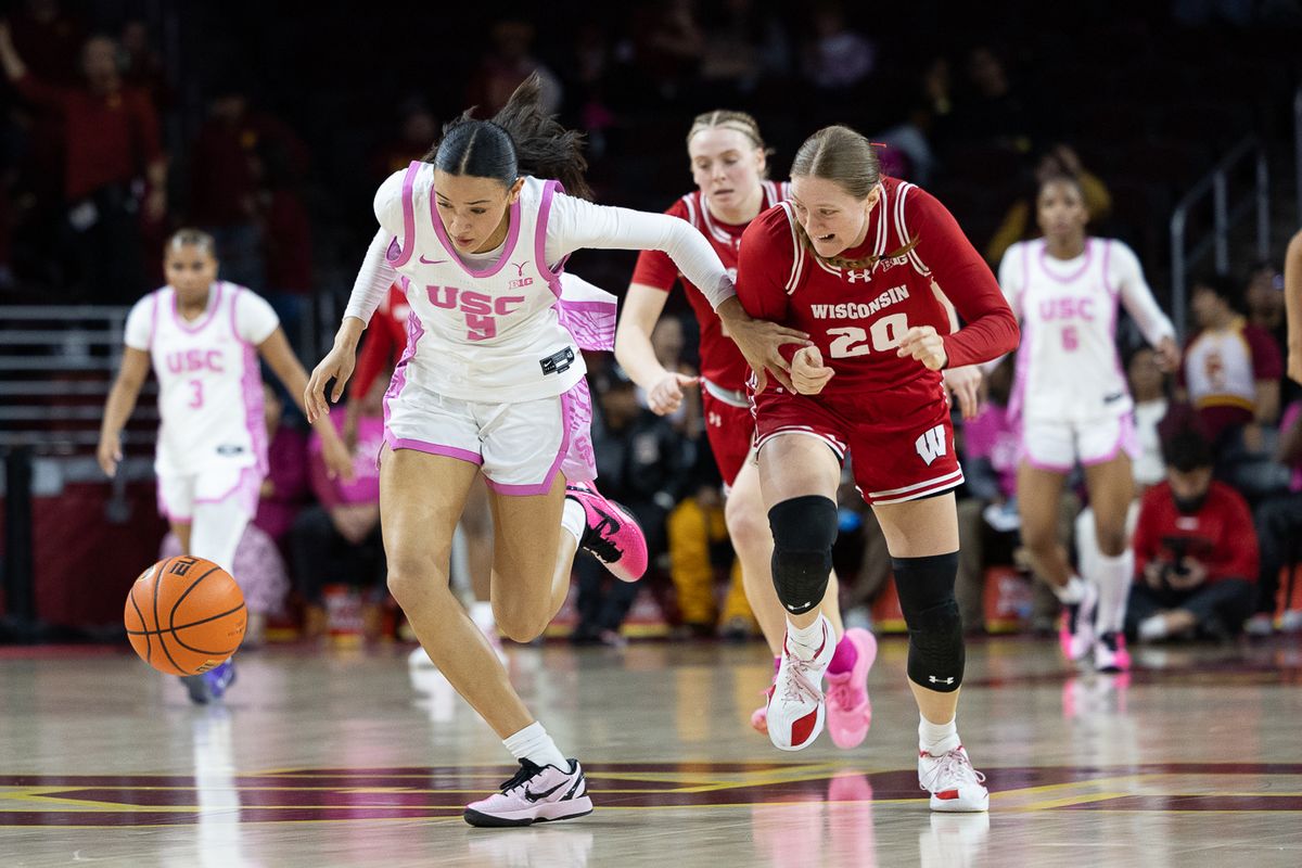 USC guard Jazzy Davidson (9) steals the ball during a Big Ten college basketball game against Wisconsin Badgers, Thursday February 19, 2026  in Los Angeles.