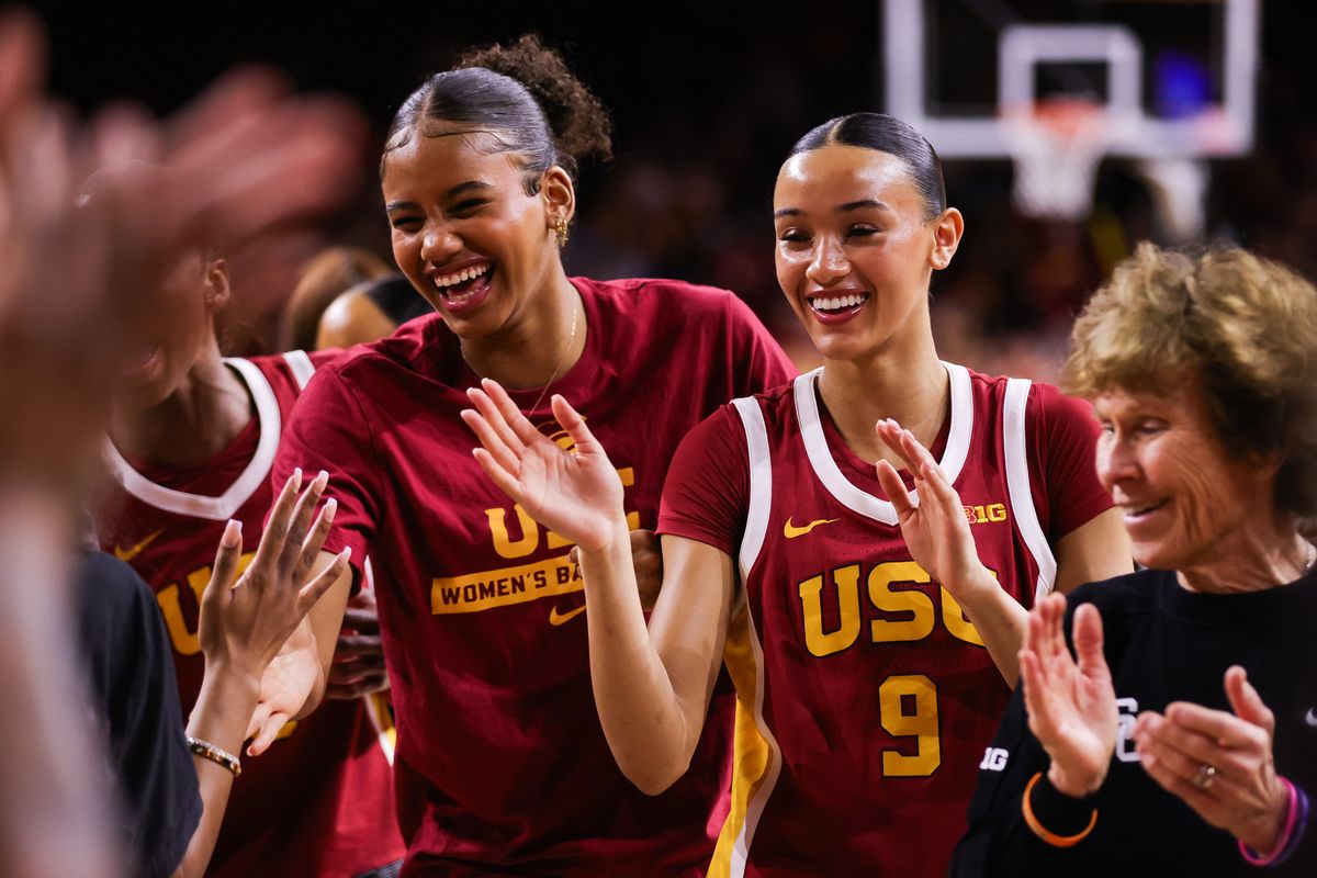 USC Trojans guard Jazzy Davidson (9) and Sitaya Fagan (1) smile before the women's college basketball game against the UCLA Bruins, Sunday March 1st, 2026 at Galen Center in Los Angeles, Calif. USC Trojans guard Jazzy Davidson (9) and Sitaya Fagan (1) smile before the women's college basketball game against the UCLA Bruins, Sunday March 1st, 2026 at Galen Center in Los Angeles, Calif.