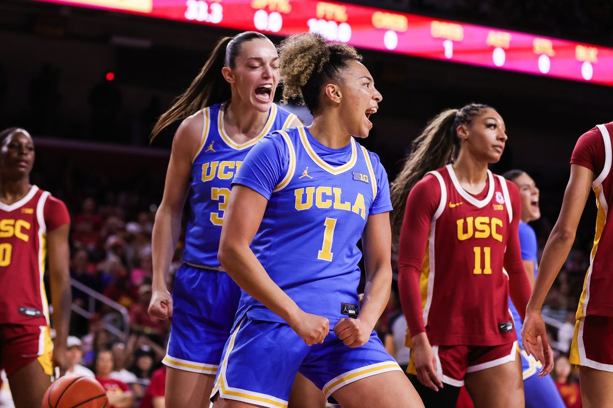 UCLA Bruins guard Kiki Rice (1) reacts during the women's college basketball game against the USC Trojans, Sunday March 1st, 2026 at Galen Center in Los Angeles, Calif. UCLA Bruins guard Kiki Rice (1) reacts during the women's college basketball game against the USC Trojans, Sunday March 1st, 2026 at Galen Center in Los Angeles, Calif.