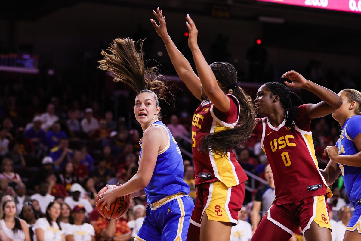 UCLA Bruins forward Angela Dugalić (32) with the ball during the women's college basketball game against the USC Trojans, Sunday March 1st, 2026 at Galen Center in Los Angeles, Calif. UCLA Bruins forward Angela Dugalić (32) with the ball during the women's college basketball game against the USC Trojans, Sunday March 1st, 2026 at Galen Center in Los Angeles, Calif.