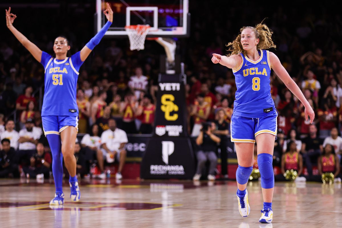UCLA Bruins guard Gianna Kneepkens (8) points during the women's college basketball game against the USC Trojans, Sunday March 1st, 2026 at Galen Center in Los Angeles, Calif. UCLA Bruins guard Gianna Kneepkens (8) points during the women's college basketball game against the USC Trojans, Sunday March 1st, 2026 at Galen Center in Los Angeles, Calif.