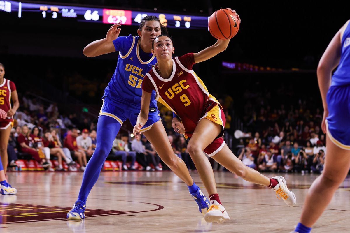 USC Trojans guard Jazzy Davidson (9) with the ball during the women's college basketball game against the UCLA Bruins, Sunday March 1st, 2026 at Galen Center in Los Angeles, Calif. USC Trojans guard Jazzy Davidson (9) with the ball during the women's college basketball game against the UCLA Bruins, Sunday March 1st, 2026 at Galen Center in Los Angeles, Calif.