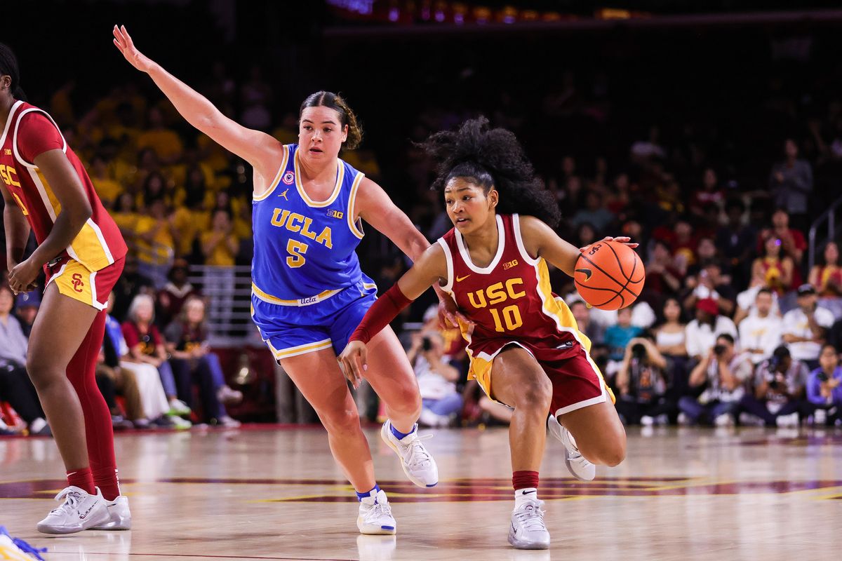 USC Trojans guard Malia Samuels (10) runs with the ball during the women's college basketball game against the UCLA Bruins, Sunday March 1st, 2026 at Galen Center in Los Angeles, Calif. USC Trojans guard Malia Samuels (10) runs with the ball during the women's college basketball game against the UCLA Bruins, Sunday March 1st, 2026 at Galen Center in Los Angeles, Calif.