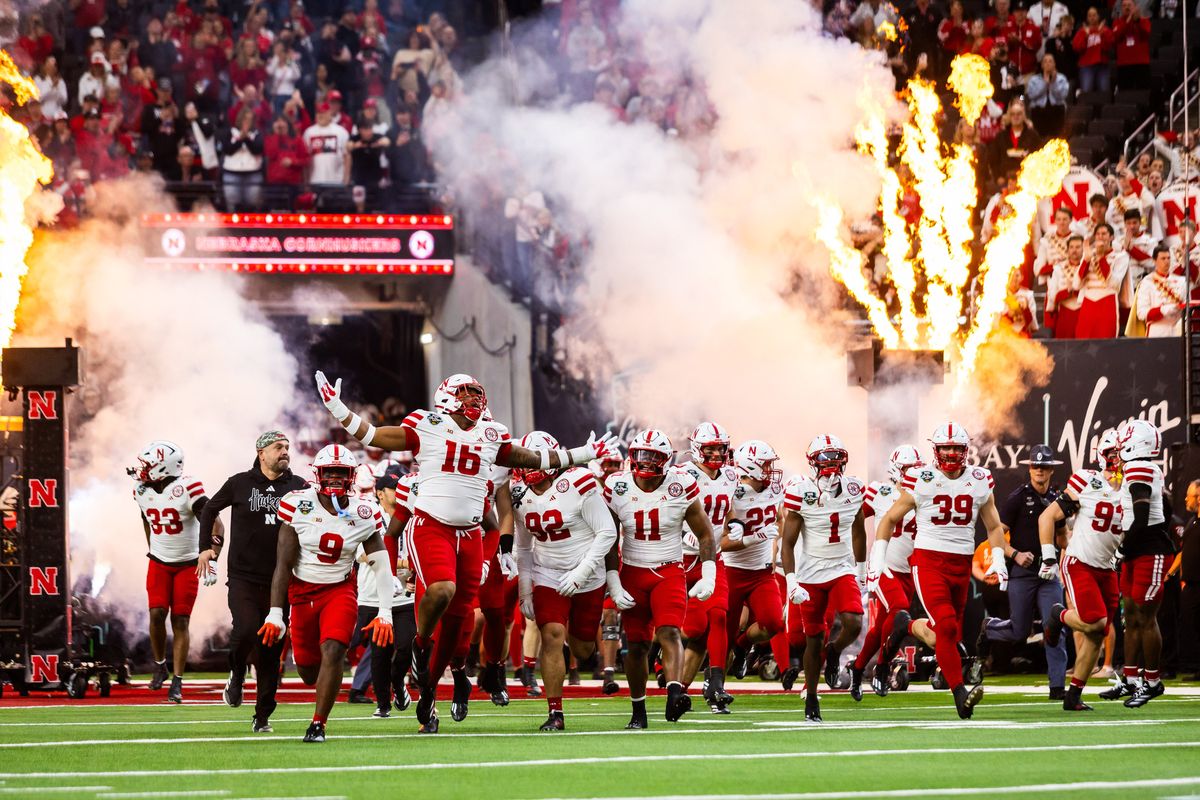 Nebraska Huskers run onto the field before the SRS Distribution Las Vegas Bowl game between the Nebraska Huskers and the Utah Utes, Sunday December 31, 2025 in Las Vegas, Nev. Nebraska Huskers run onto the field before the SRS Distribution Las Vegas Bowl game between the Nebraska Huskers and the Utah Utes, Sunday December 31, 2025 in Las Vegas, Nev.
