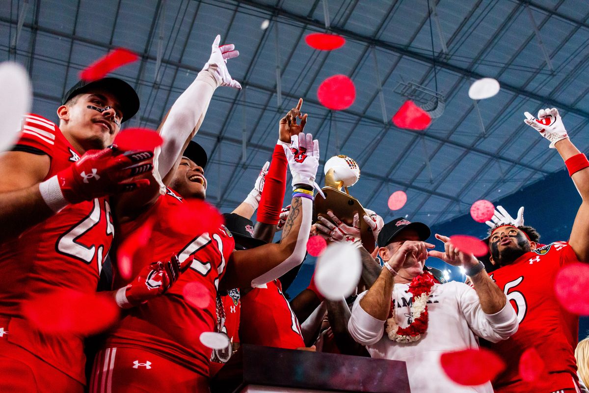 Utah Utes hoist the SRS Distribution Las Vegas bowl trophy after the SRS Distribution Las Vegas Bowl game between the Nebraska Huskers and the Utah Utes, Sunday December 31, 2025 in Las Vegas, Nev. Utah Utes hoist the SRS Distribution Las Vegas bowl trophy after the SRS Distribution Las Vegas Bowl game between the Nebraska Huskers and the Utah Utes, Sunday December 31, 2025 in Las Vegas, Nev.