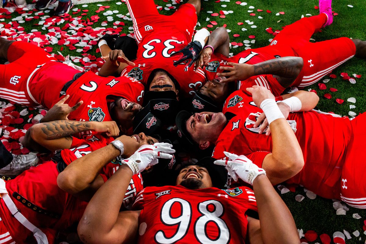 Utah Utes players lay in confetti after the SRS Distribution Las Vegas Bowl game between the Nebraska Huskers and the Utah Utes, Sunday December 31, 2025 in Las Vegas, Nev. Utah Utes players lay in confetti after the SRS Distribution Las Vegas Bowl game between the Nebraska Huskers and the Utah Utes, Sunday December 31, 2025 in Las Vegas, Nev.