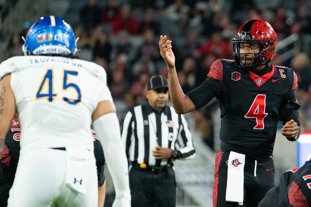 San Diego State quarterback Jayden Denegal (4) motions before the snap during an NCAA Football game between San Jose State and San Diego State, Saturday November 22, 2025 in San Diego, Calif. San Diego State quarterback Jayden Denegal (4) motions before the snap during an NCAA Football game between San Jose State and San Diego State, Saturday November 22, 2025 in San Diego, Calif.