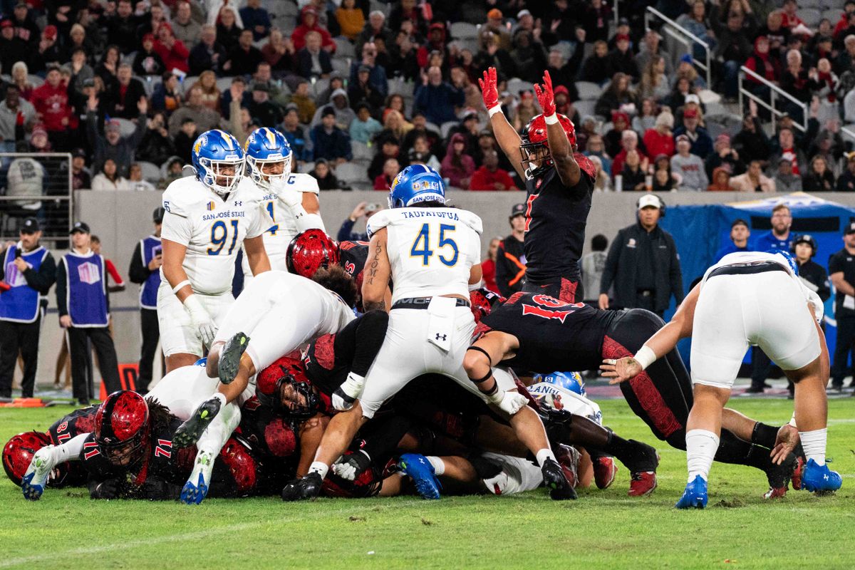 Players react to San Diego State scoring a touchdown during an NCAA Football game between San Jose State and San Diego State, Saturday November 22, 2025 in San Diego, Calif. Players react to San Diego State scoring a touchdown during an NCAA Football game between San Jose State and San Diego State, Saturday November 22, 2025 in San Diego, Calif.