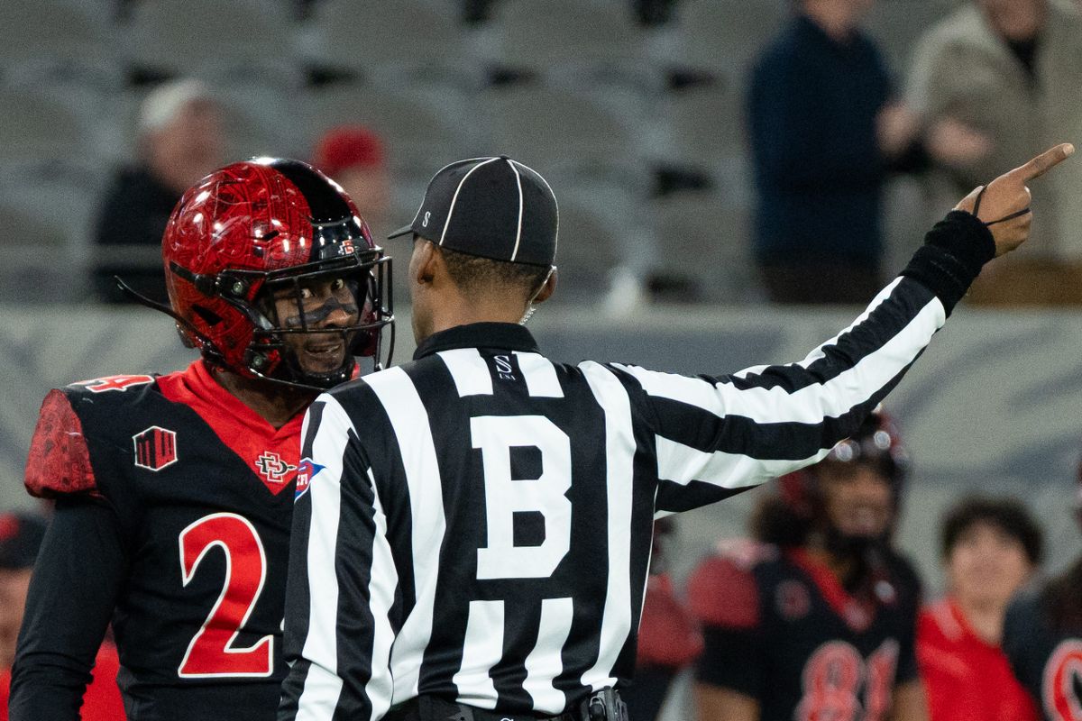 A San Diego State player reacts to an interception during an NCAA Football game between San Jose State and San Diego State, Saturday November 22, 2025 in San Diego, Calif. A San Diego State player reacts to an interception during an NCAA Football game between San Jose State and San Diego State, Saturday November 22, 2025 in San Diego, Calif.