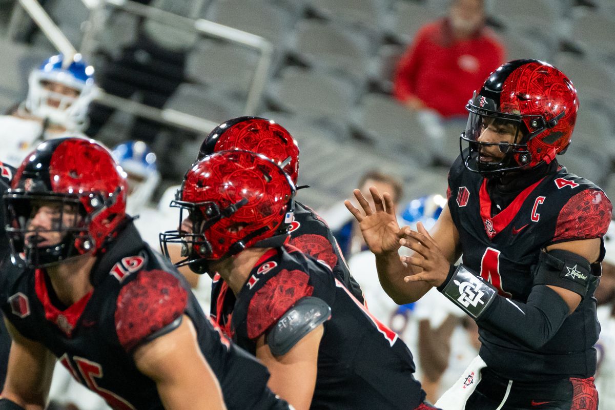 San Diego State quarterback Jayden Denegal (4) takes a snap during an NCAA Football game between San Jose State and San Diego State, Saturday November 22, 2025 in San Diego, Calif. San Diego State quarterback Jayden Denegal (4) takes a snap during an NCAA Football game between San Jose State and San Diego State, Saturday November 22, 2025 in San Diego, Calif.