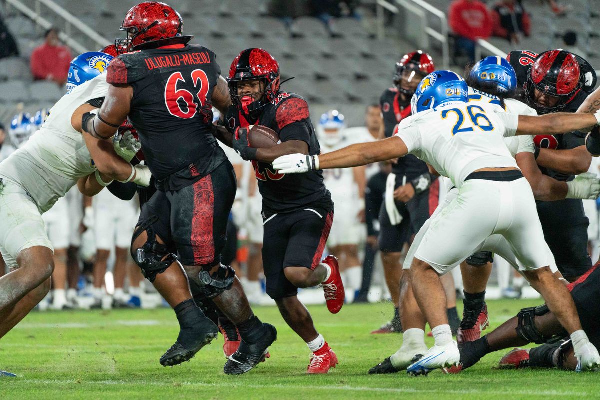 San Diego State running back Christian Washington (23) rushes for a touchdown during an NCAA Football game between San Jose State and San Diego State, Saturday November 22, 2025 in San Diego, Calif. San Diego State running back Christian Washington (23) rushes for a touchdown during an NCAA Football game between San Jose State and San Diego State, Saturday November 22, 2025 in San Diego, Calif.
