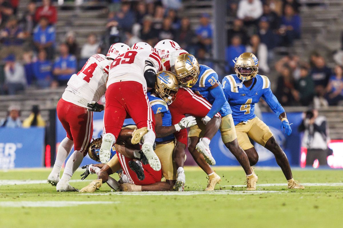 UCLA Bruins defense during the game against Nebraska Cornhuskers at Rose Bowl Stadium on November 8, 2025 in Pasadena, California. UCLA Bruins defense during the game against Nebraska Cornhuskers at Rose Bowl Stadium on November 8, 2025 in Pasadena, California.