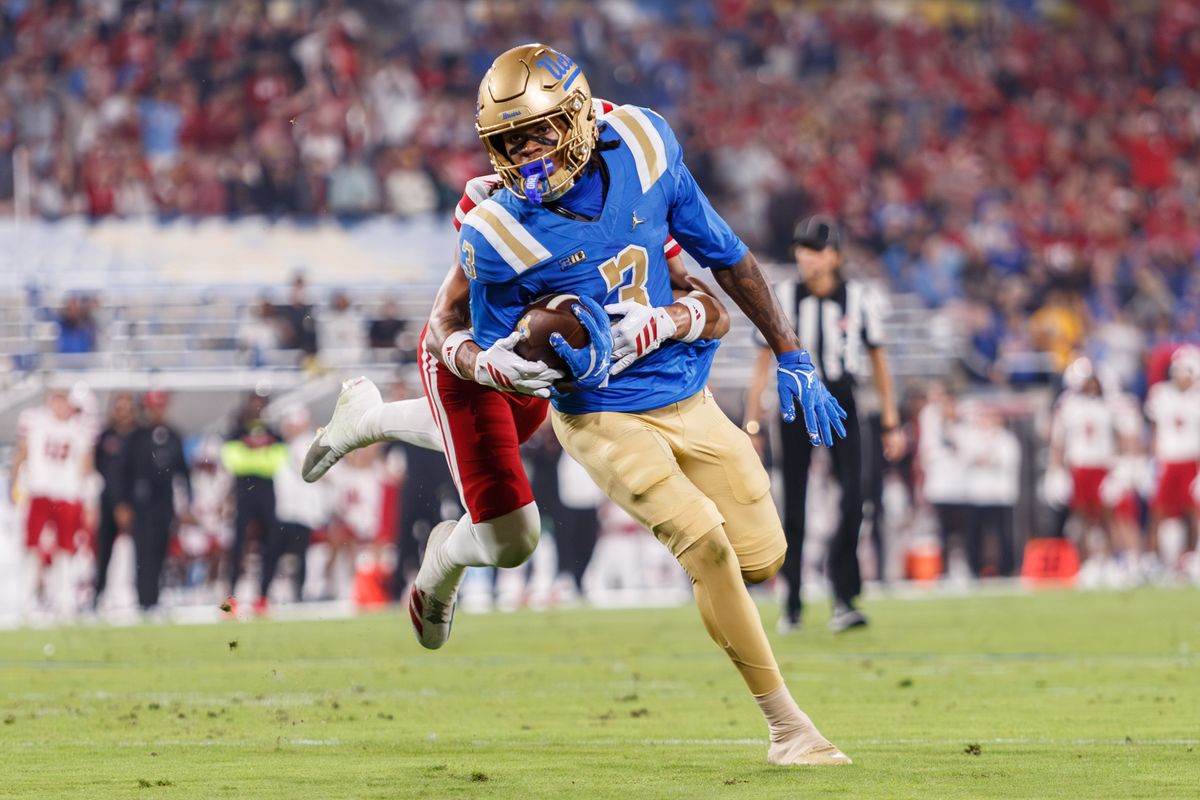 UCLA Bruins wide receiver Kwazi Gilmer (3) runs the ball during the game against Nebraska Cornhuskers at Rose Bowl Stadium on November 8, 2025 in Pasadena, California. UCLA Bruins wide receiver Kwazi Gilmer (3) runs the ball during the game against Nebraska Cornhuskers at Rose Bowl Stadium on November 8, 2025 in Pasadena, California.