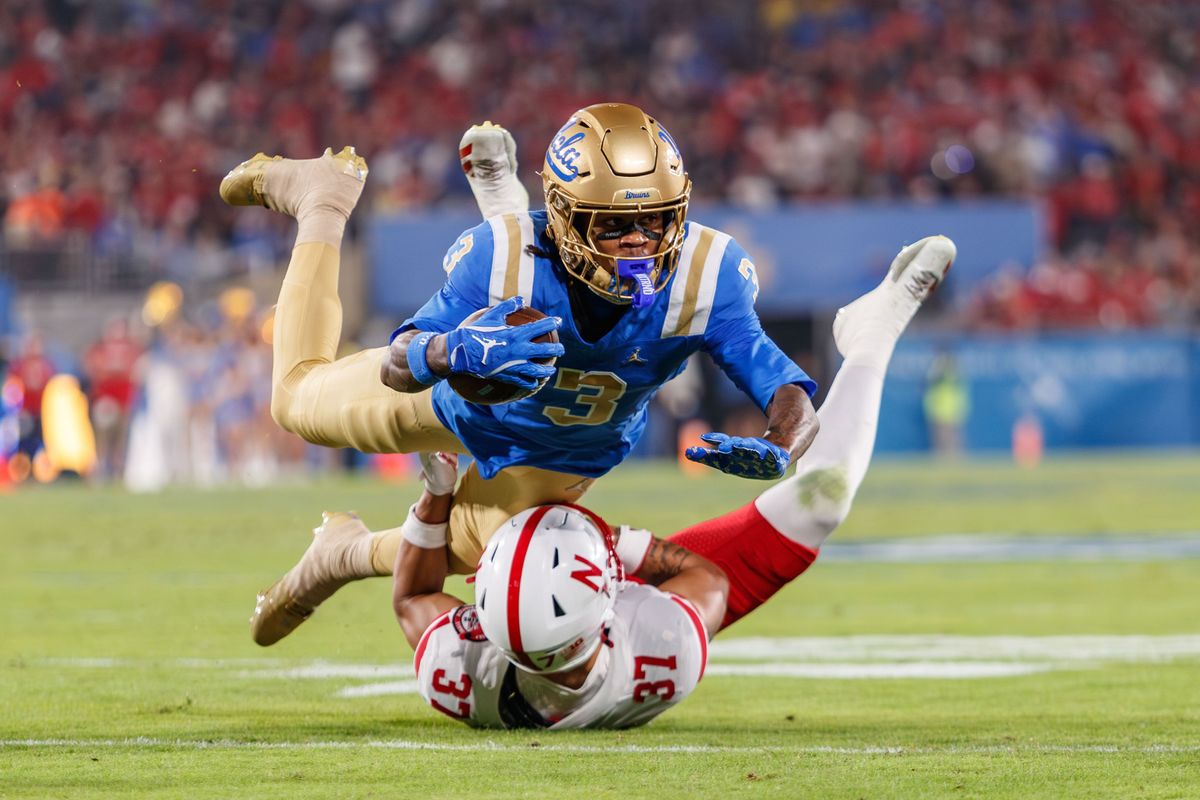 UCLA Bruins wide receiver Kwazi Gilmer (3) dives with the ball during the game against Nebraska Cornhuskers at Rose Bowl Stadium on November 8, 2025 in Pasadena, California. UCLA Bruins wide receiver Kwazi Gilmer (3) dives with the ball during the game against Nebraska Cornhuskers at Rose Bowl Stadium on November 8, 2025 in Pasadena, California.