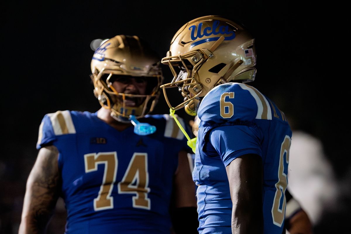 UCLA Bruins celebrate touchdown during the game against Nebraska Cornhuskers at Rose Bowl Stadium on November 8, 2025 in Pasadena, California. UCLA Bruins celebrate touchdown during the game against Nebraska Cornhuskers at Rose Bowl Stadium on November 8, 2025 in Pasadena, California.