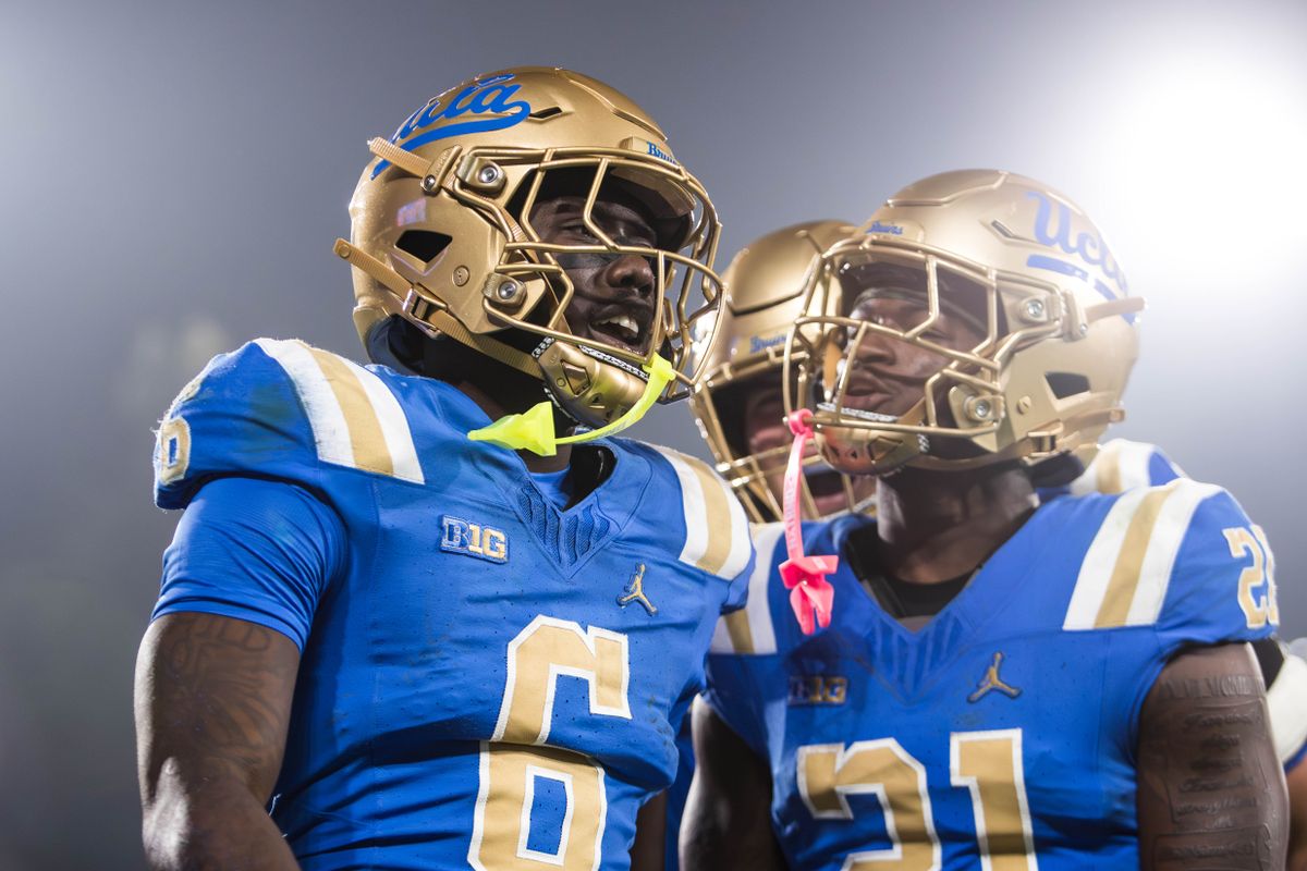 UCLA Bruins celebrate a touchdown during the game against Nebraska Cornhuskers at Rose Bowl Stadium on November 8, 2025 in Pasadena, California. UCLA Bruins celebrate a touchdown during the game against Nebraska Cornhuskers at Rose Bowl Stadium on November 8, 2025 in Pasadena, California.
