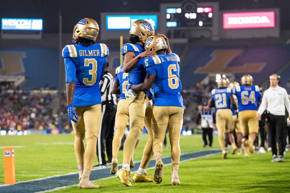 UCLA Bruins celebrate a touchdown during the game against Nebraska Cornhuskers at Rose Bowl Stadium on November 8, 2025 in Pasadena, California. UCLA Bruins celebrate a touchdown during the game against Nebraska Cornhuskers at Rose Bowl Stadium on November 8, 2025 in Pasadena, California.